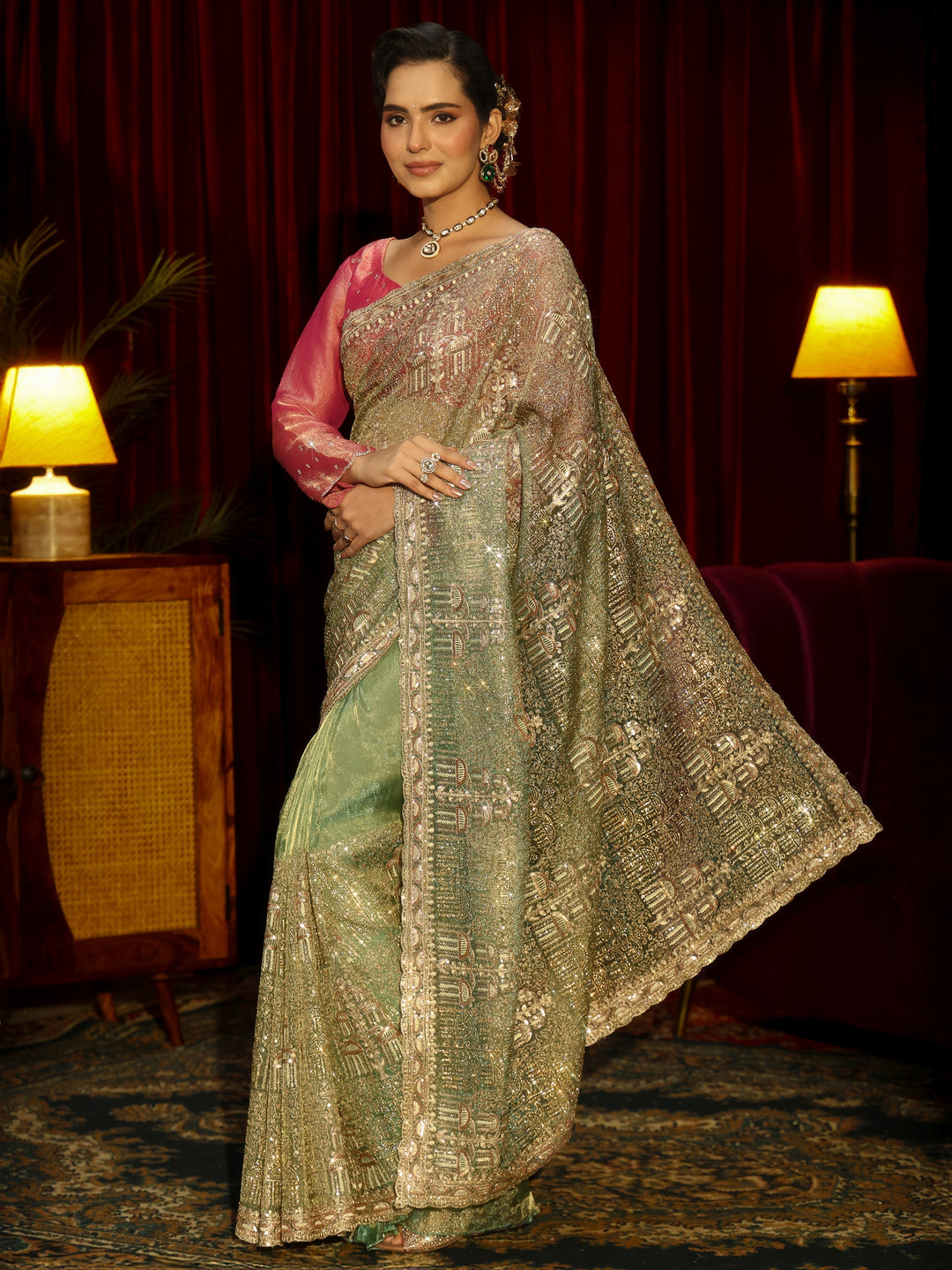  Libas Art Green Sequin Embellished Tissue Saree 