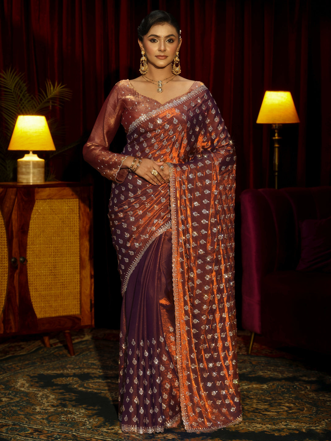  Libas Art Chocolate Brown Embellished Tissue Saree 