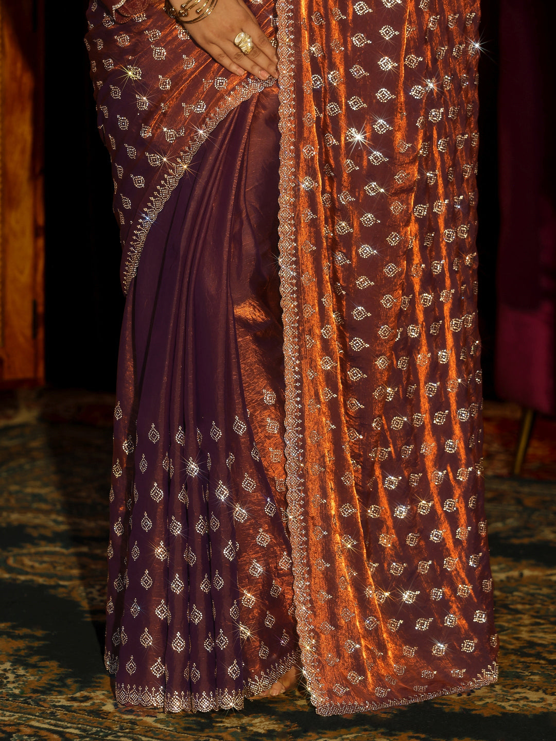  Libas Art Chocolate Brown Embellished Tissue Saree 