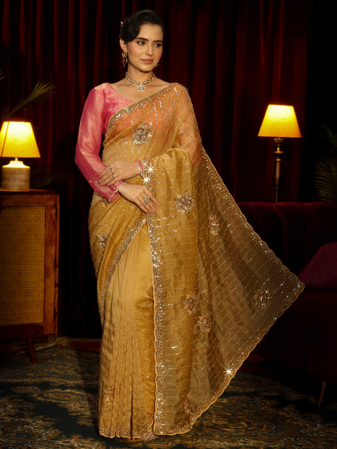  Libas Art Mustard Embellished Tissue Saree 