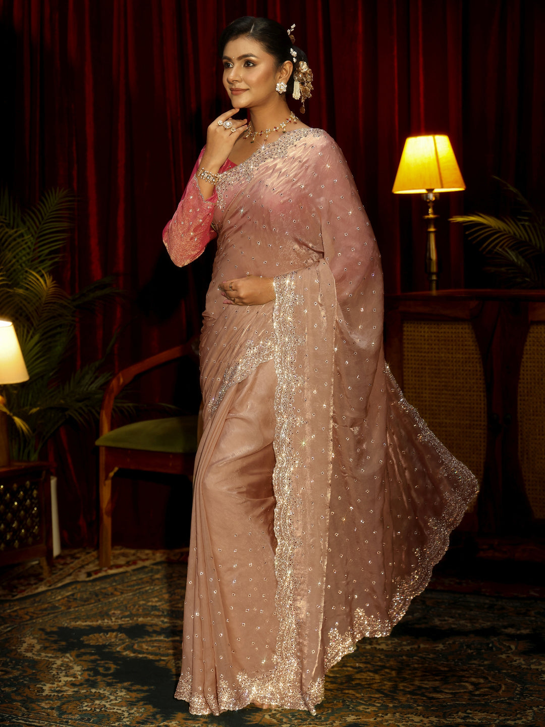  Libas Art Beige Stone Work Embellished Tissue Saree 