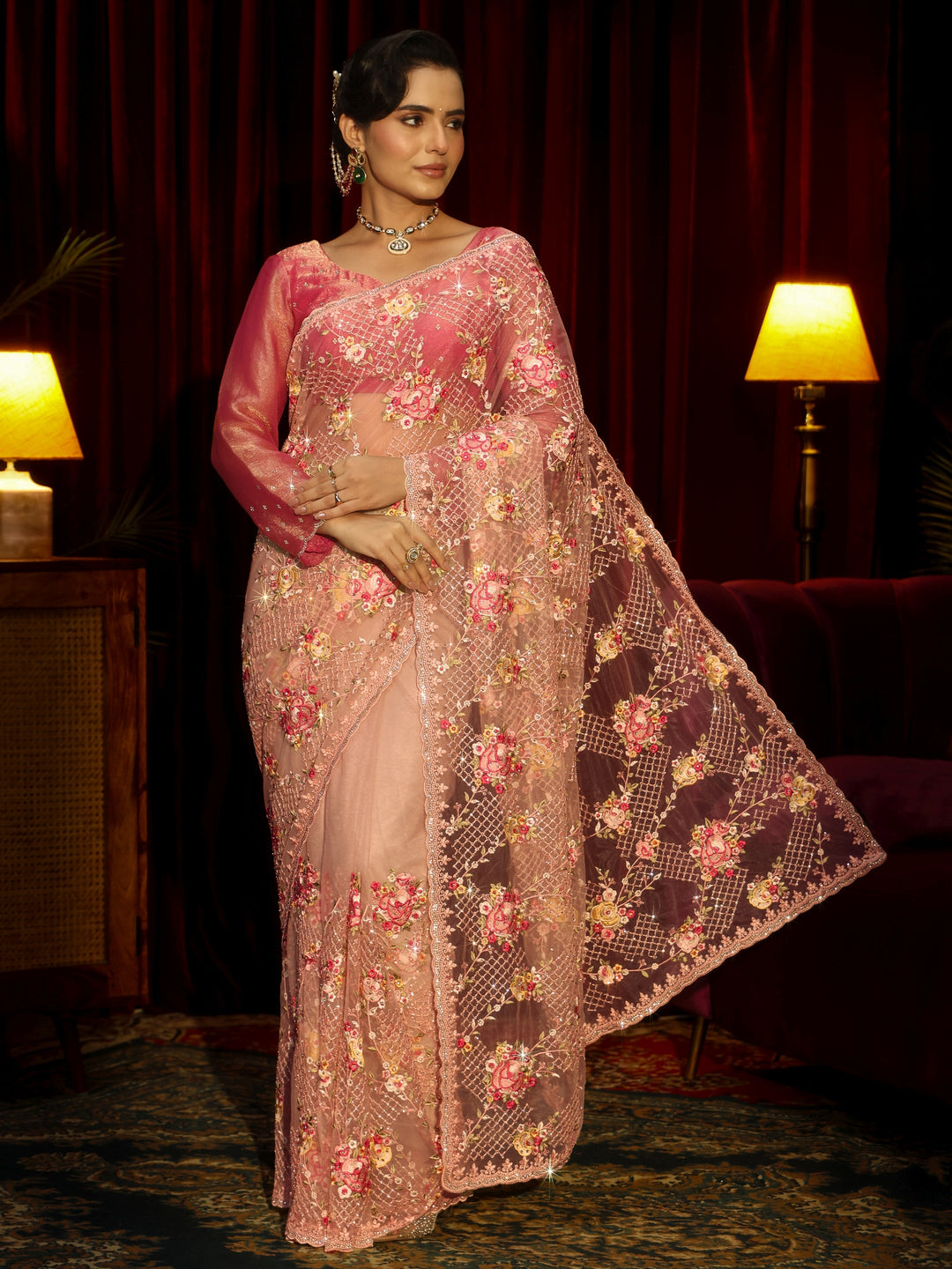  Libas Art Pink Floral Embroidered Net Saree 
