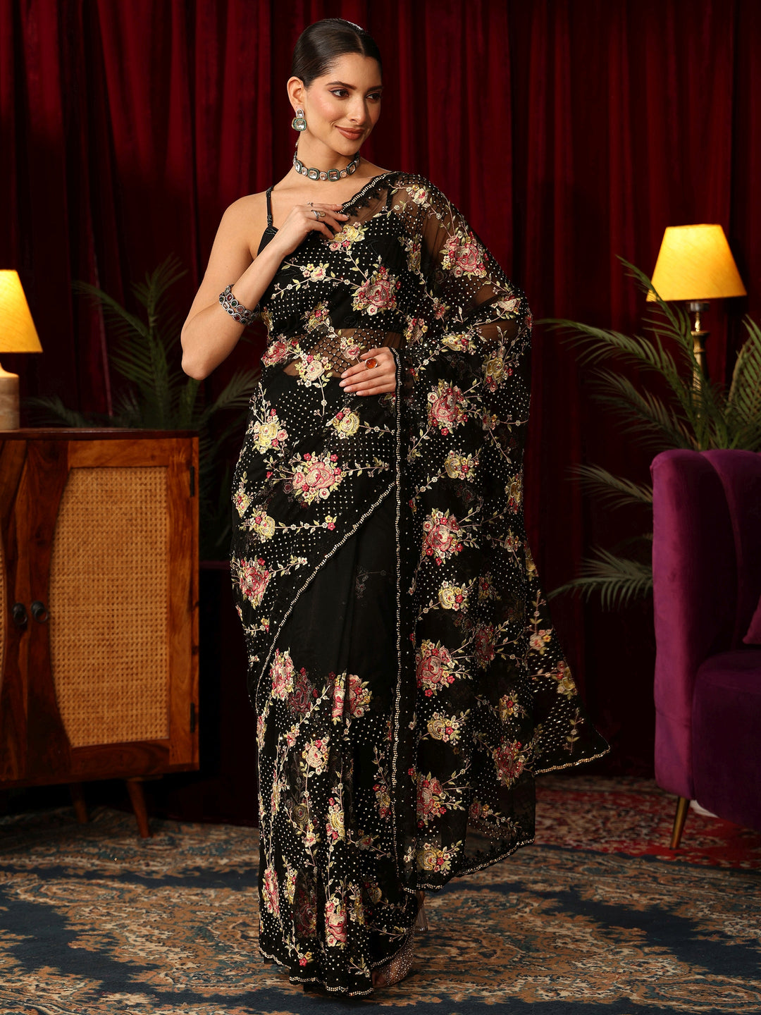  Libas Art Black Floral Embroidered Net Saree 