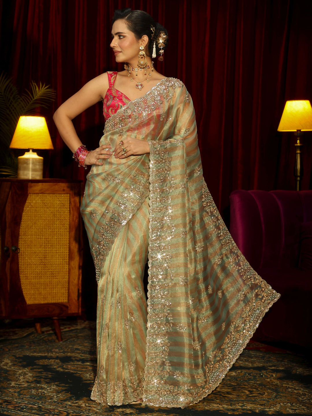  Libas Art Green Striped Sequin Embellished Tisue Saree 