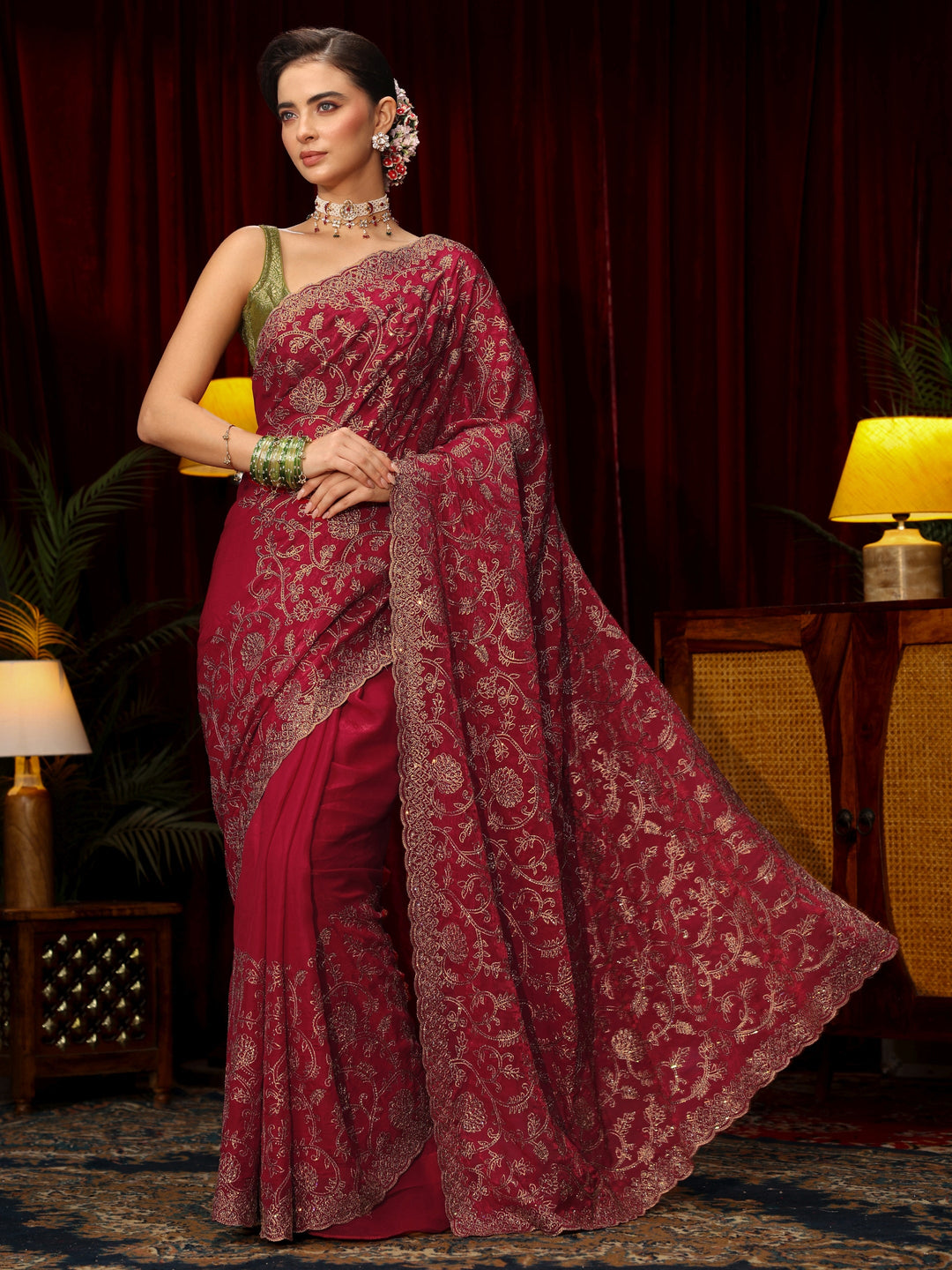  Libas Art Rani Pink Floral Zari Embroidered Tissue Saree 