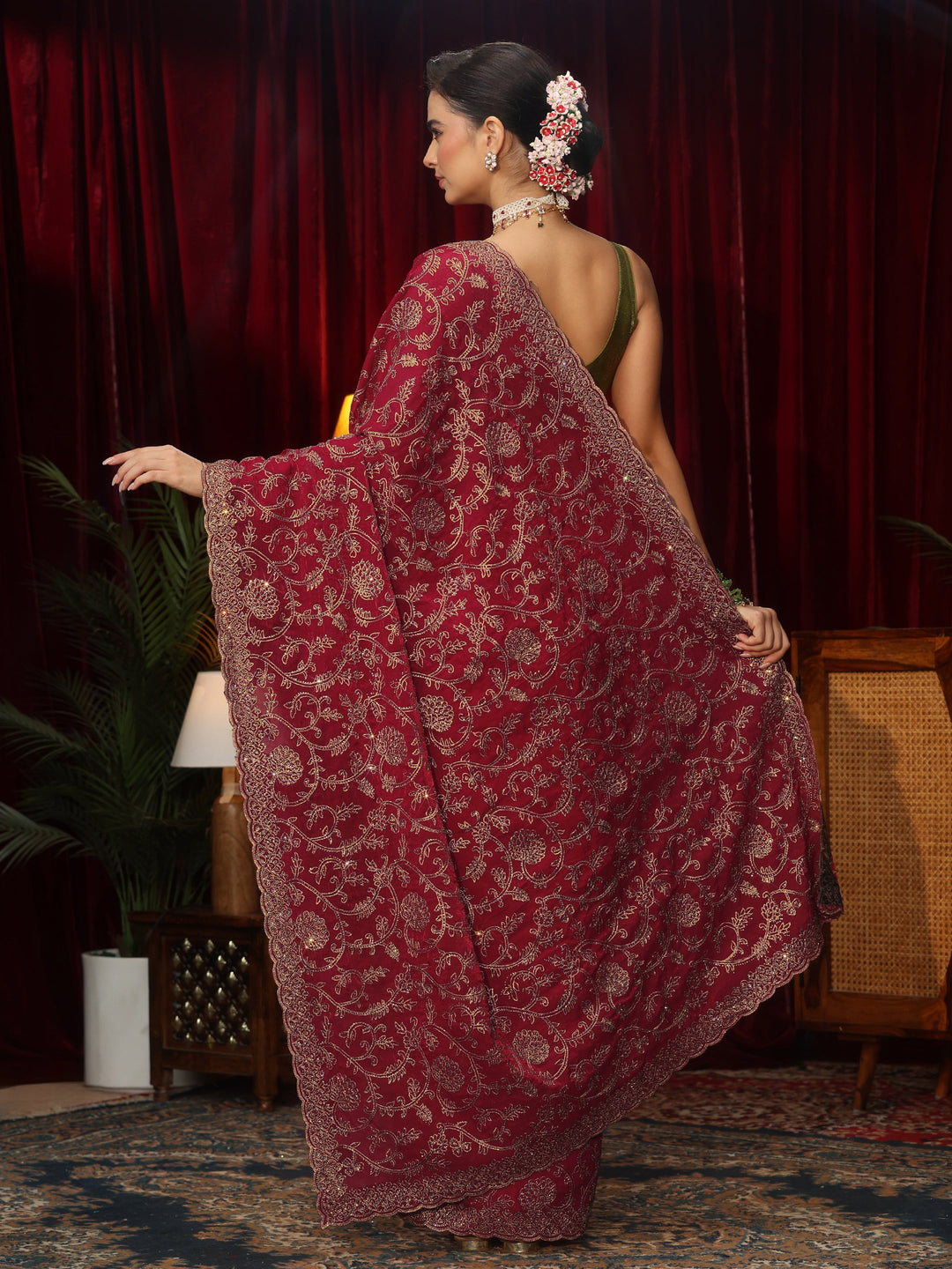  Libas Art Rani Pink Floral Zari Embroidered Tissue Saree 