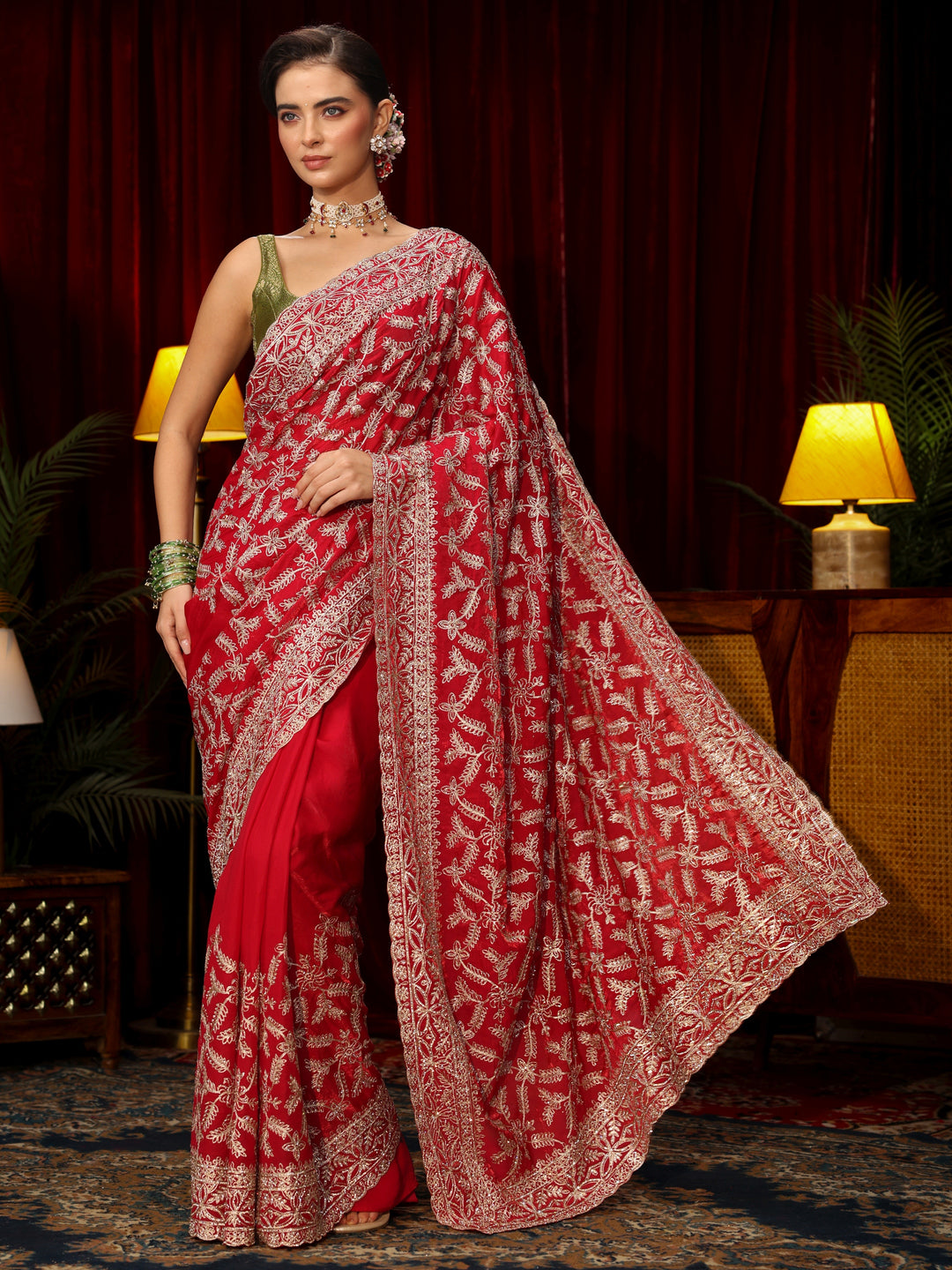  Libas Art Red Leafy Zari Embroidered Tissue Saree 
