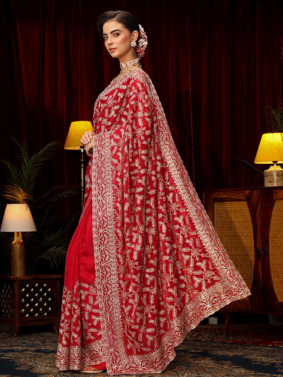  Libas Art Red Leafy Zari Embroidered Tissue Saree 