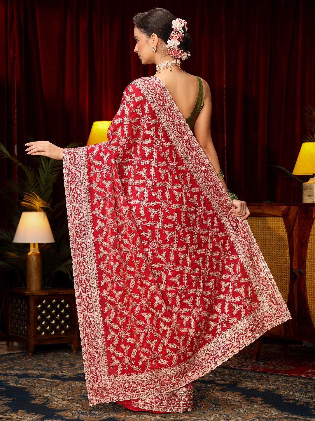  Libas Art Red Leafy Zari Embroidered Tissue Saree 