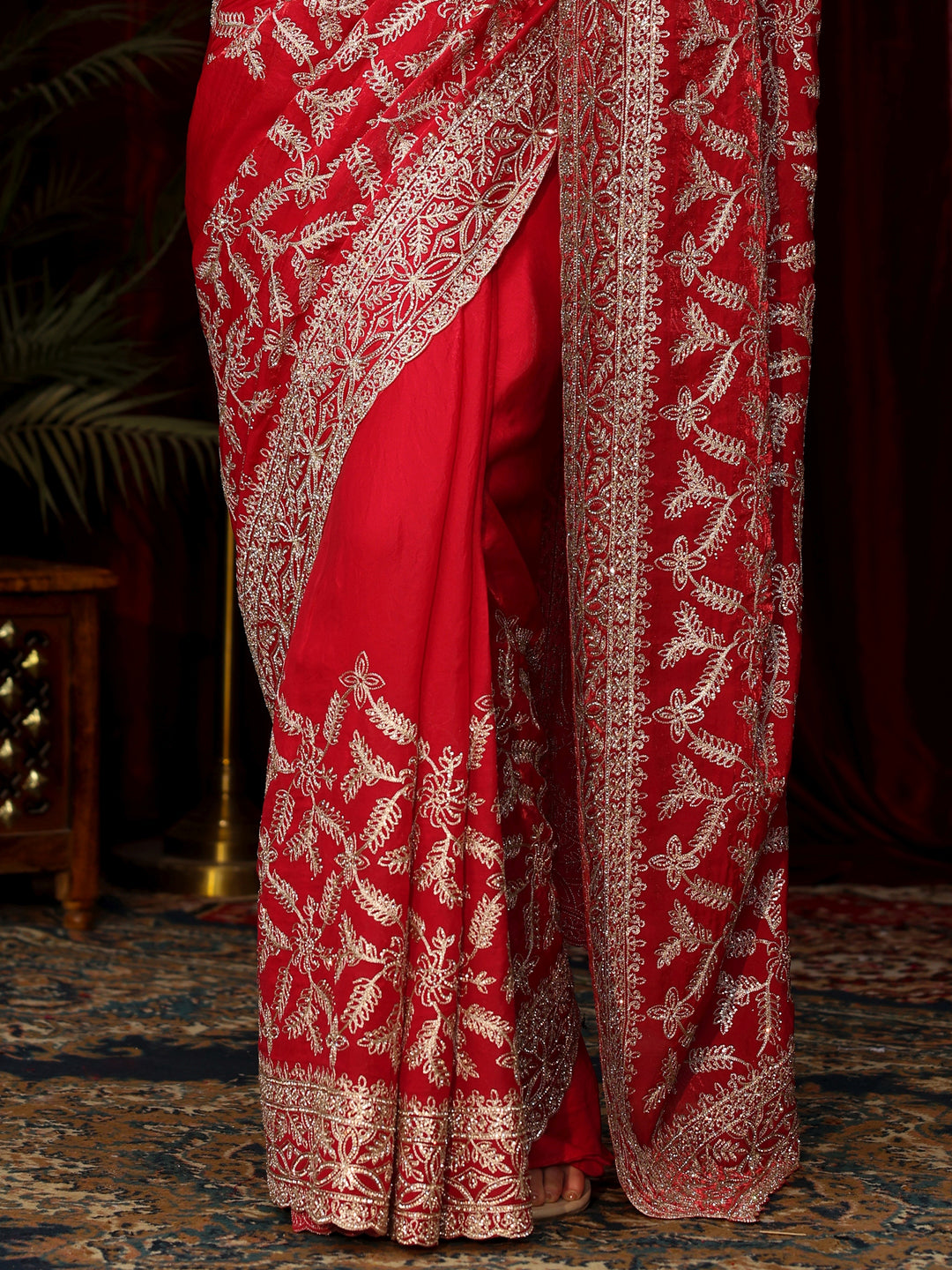  Libas Art Red Leafy Zari Embroidered Tissue Saree 