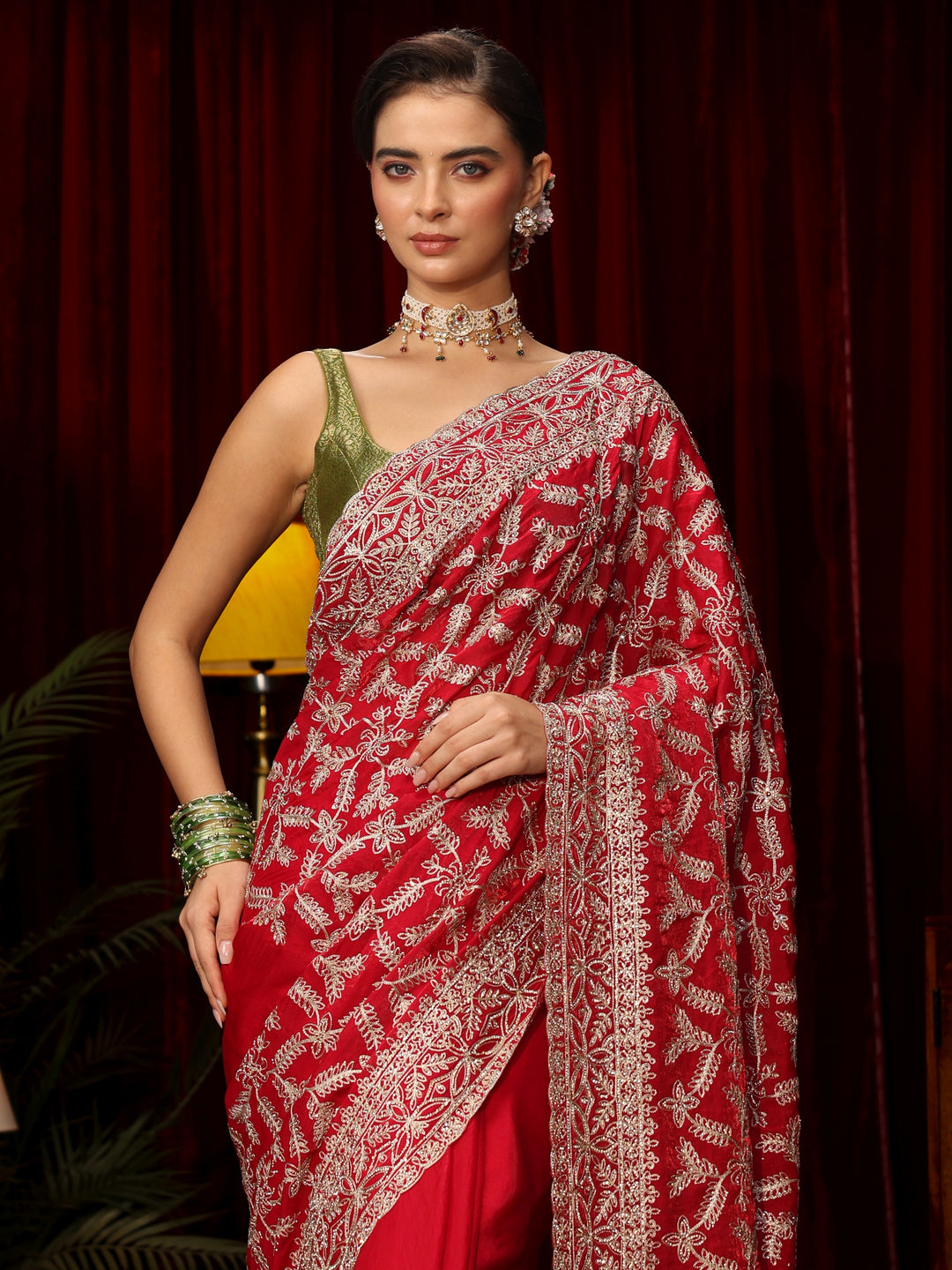  Libas Art Red Leafy Zari Embroidered Tissue Saree 