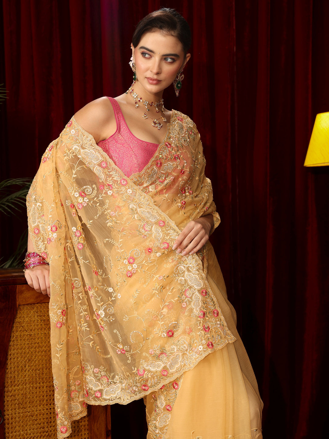  Libas Art Yellow Floral Embroidered Organza Saree 