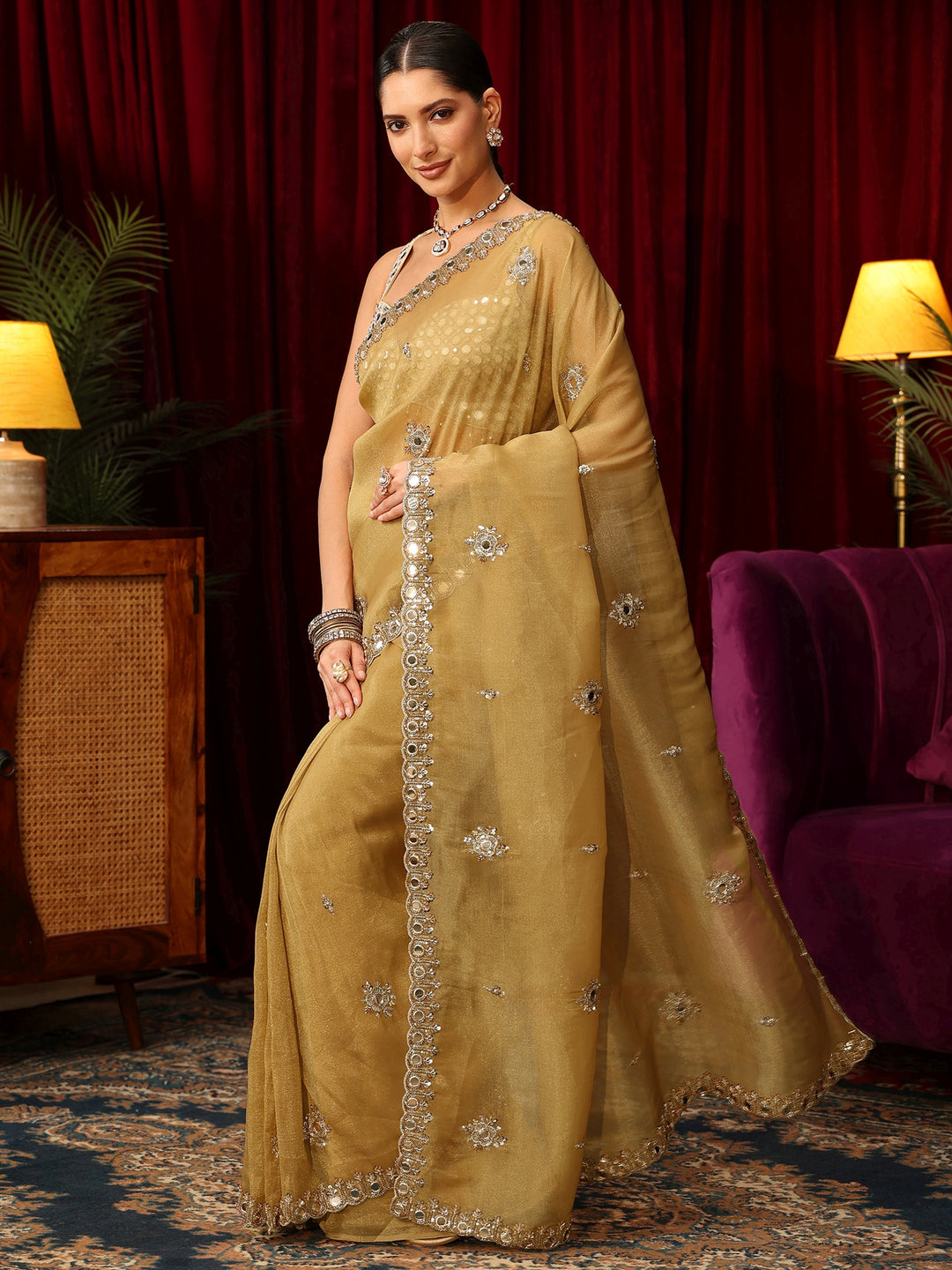  Libas Art Golden Tisssue Saree with Mirror Work Floral Embellishments 