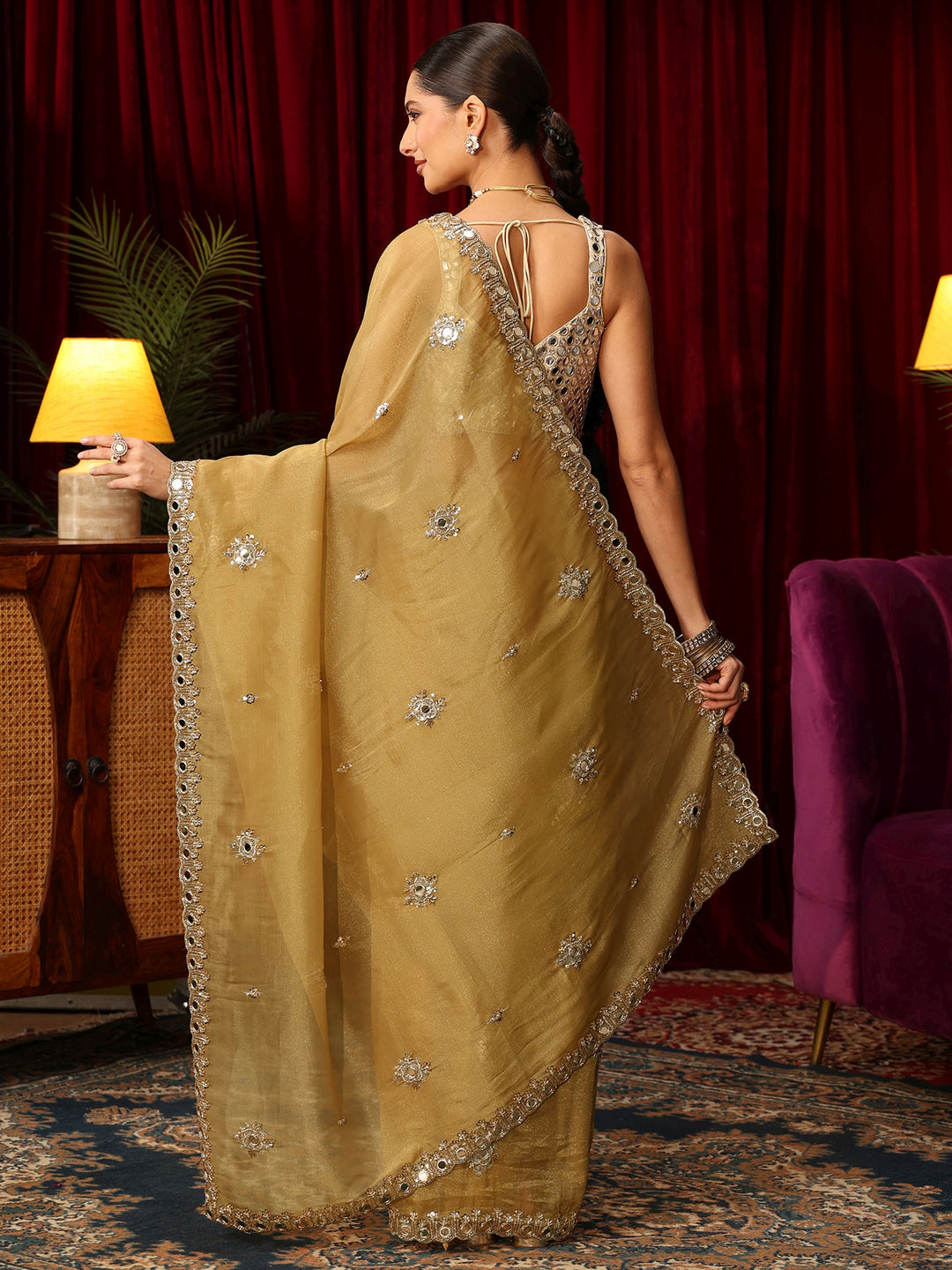  Libas Art Golden Tisssue Saree with Mirror Work Floral Embellishments 