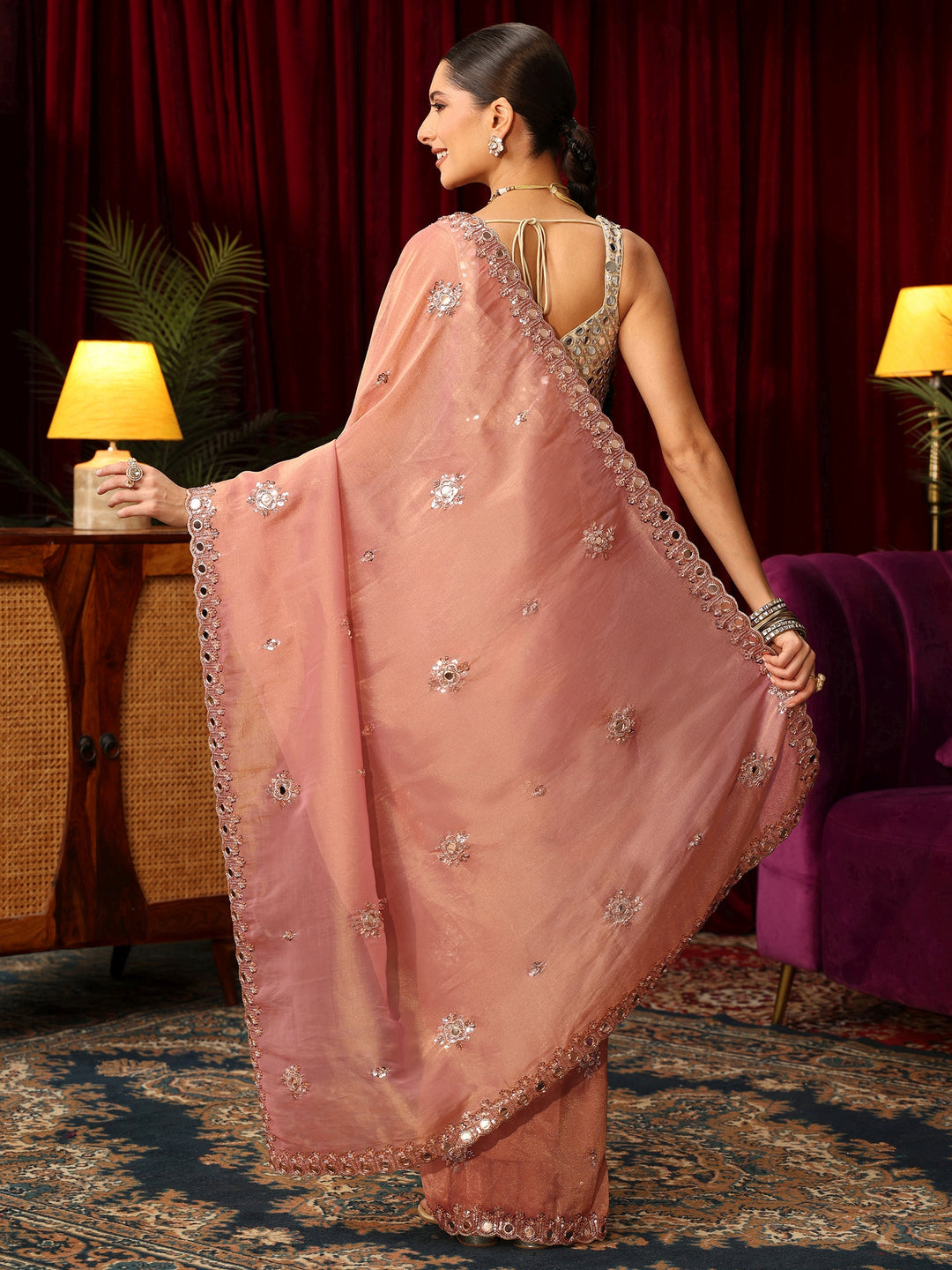  Libas Art Baby Pink Tisssue Saree with Mirror Work Floral Embellishments 