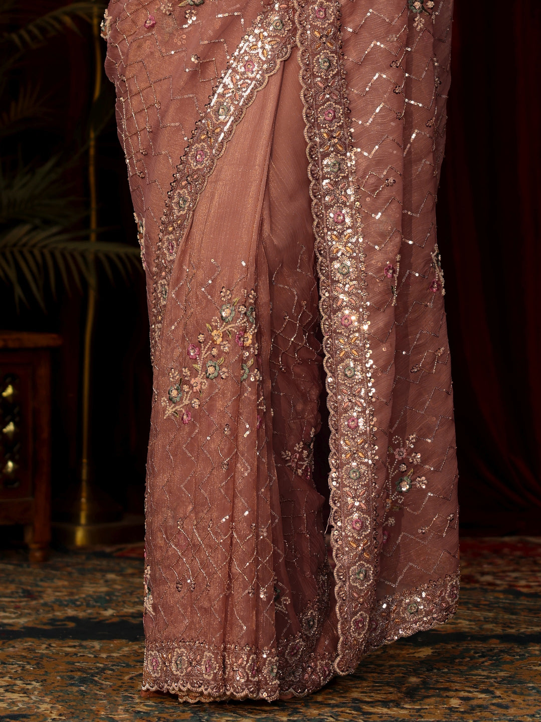  Libas Art Peach Chevron Embellished Tissue Saree 