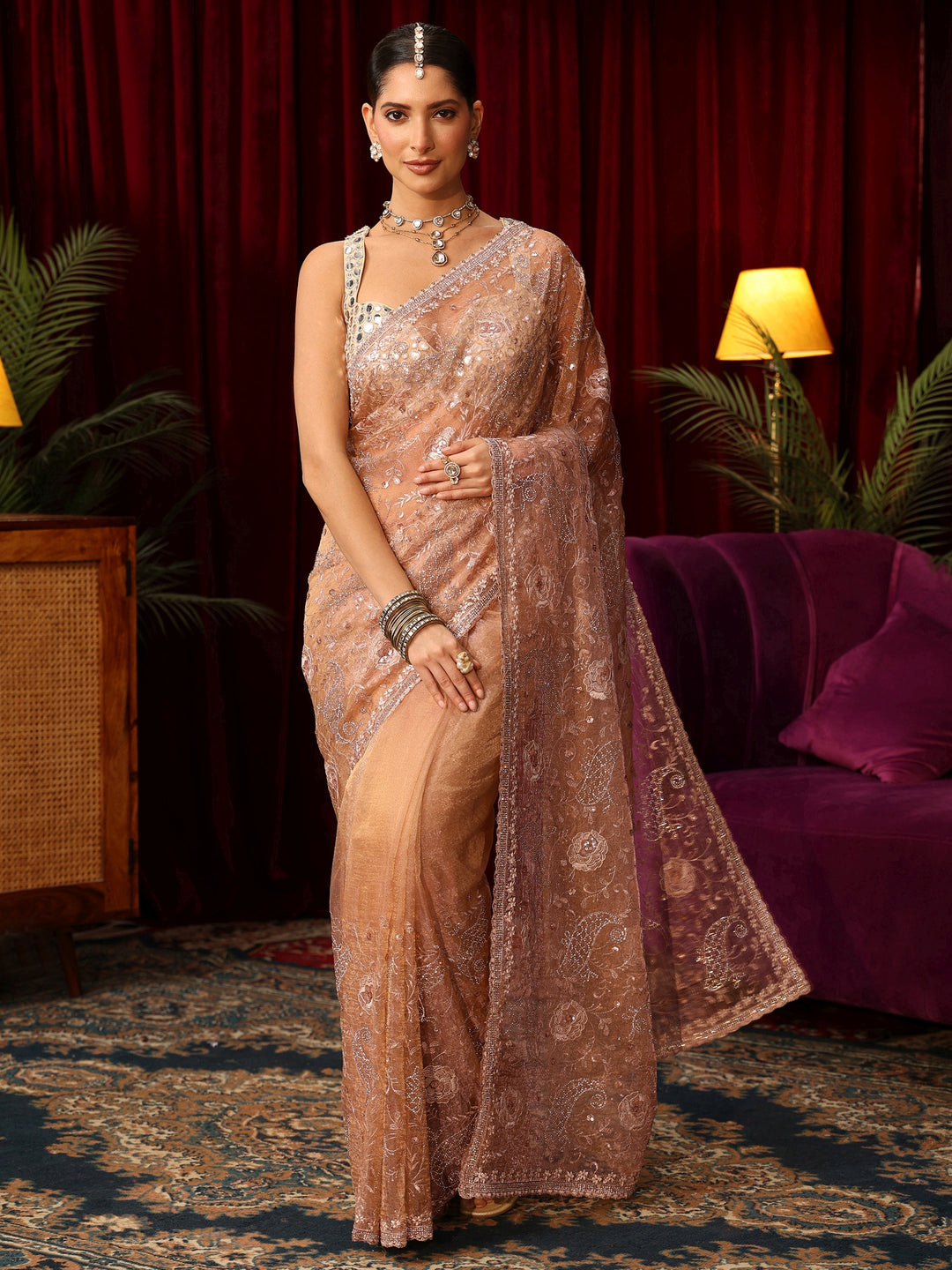  Libas Art Golden Floral Embroidered Tissue Saree with Stone Work 