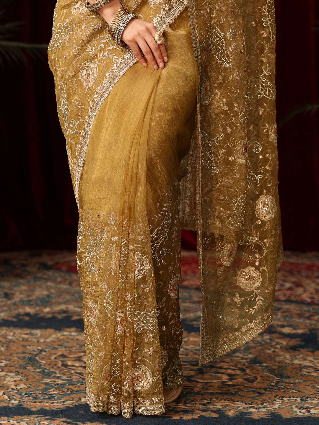  Libas Art Mustard Floral Embroidered Tissue Saree with Stone Work 