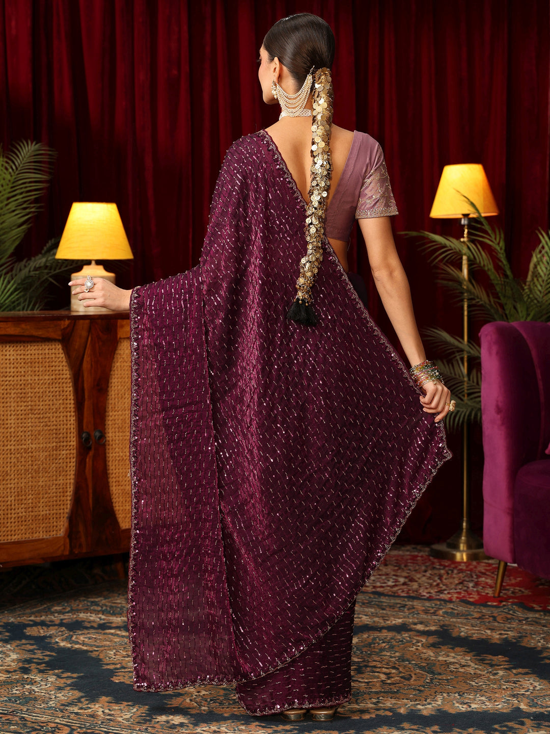  Libas Art Burgundy Sequin Embellished Tissue Saree 