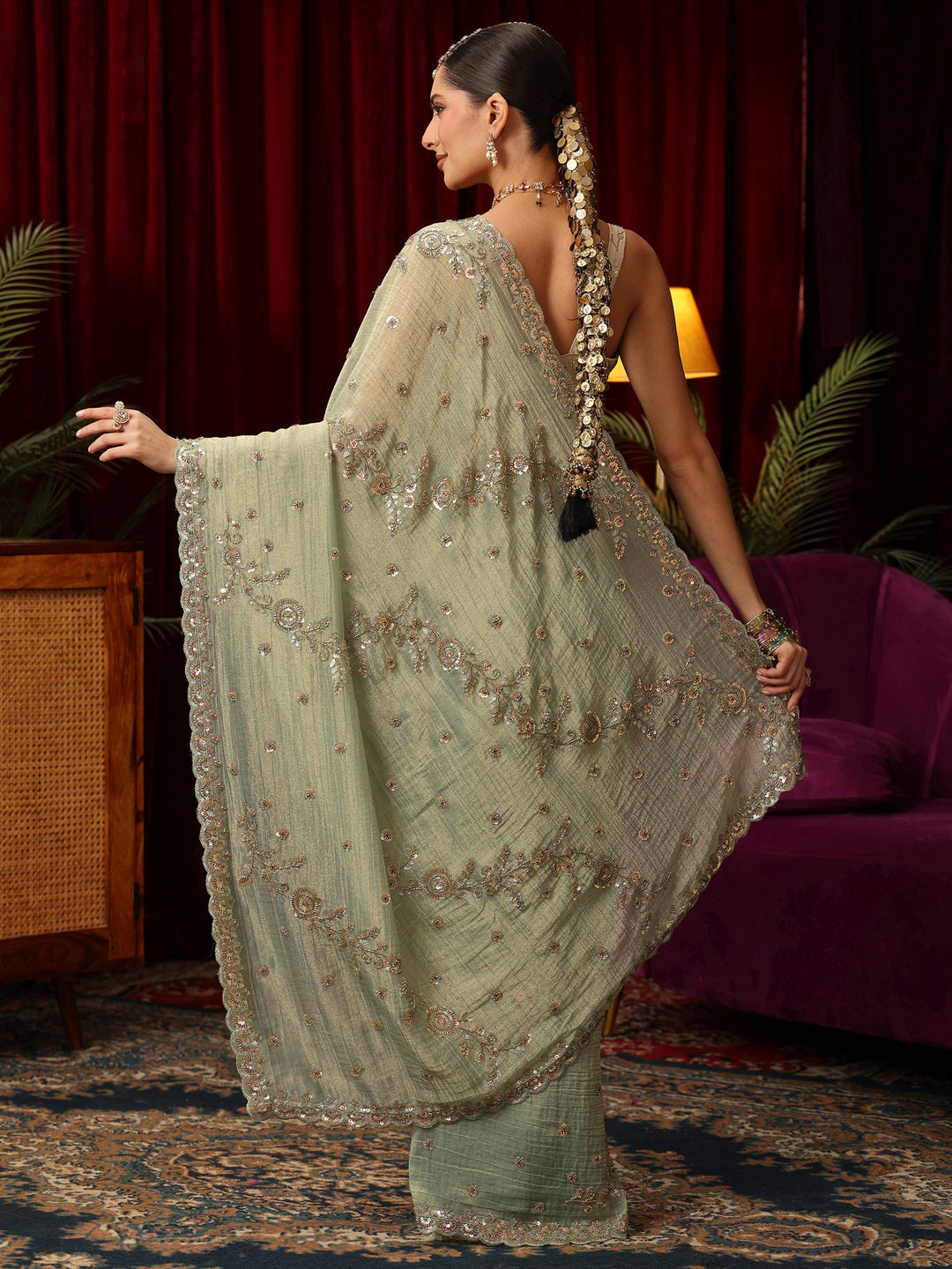  Libas Art Sage Green Beads and Sequin Floral Embellished Tissue Saree 