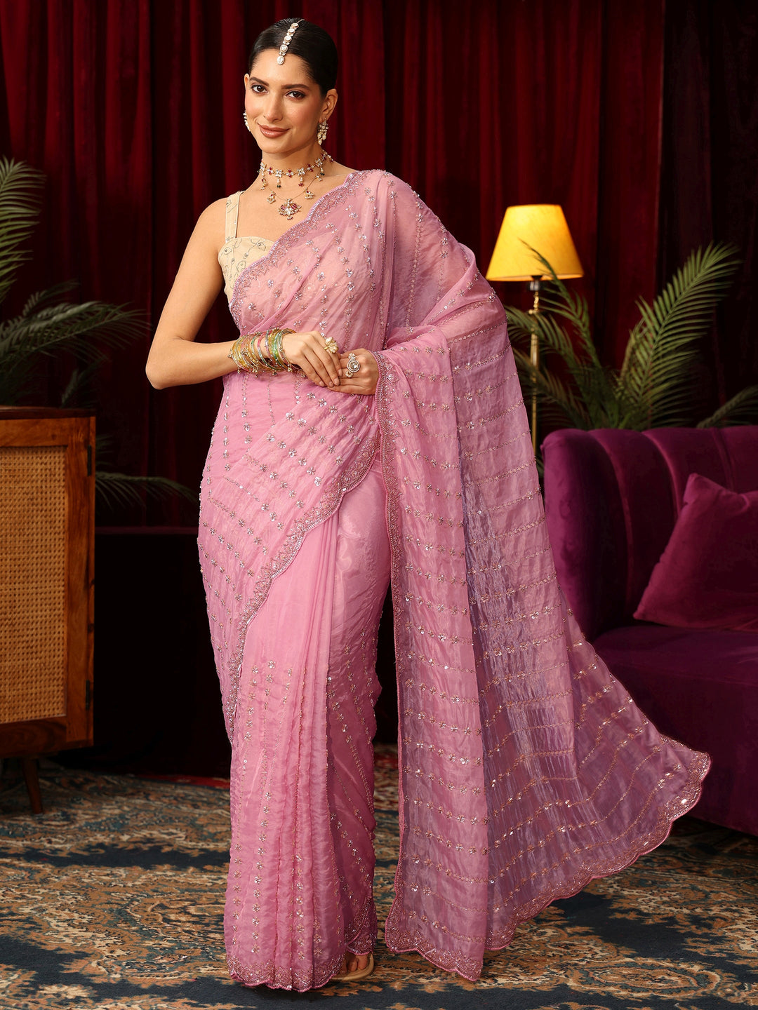  Libas Art Pansy Pink Sequin Embellished Tissue Saree 
