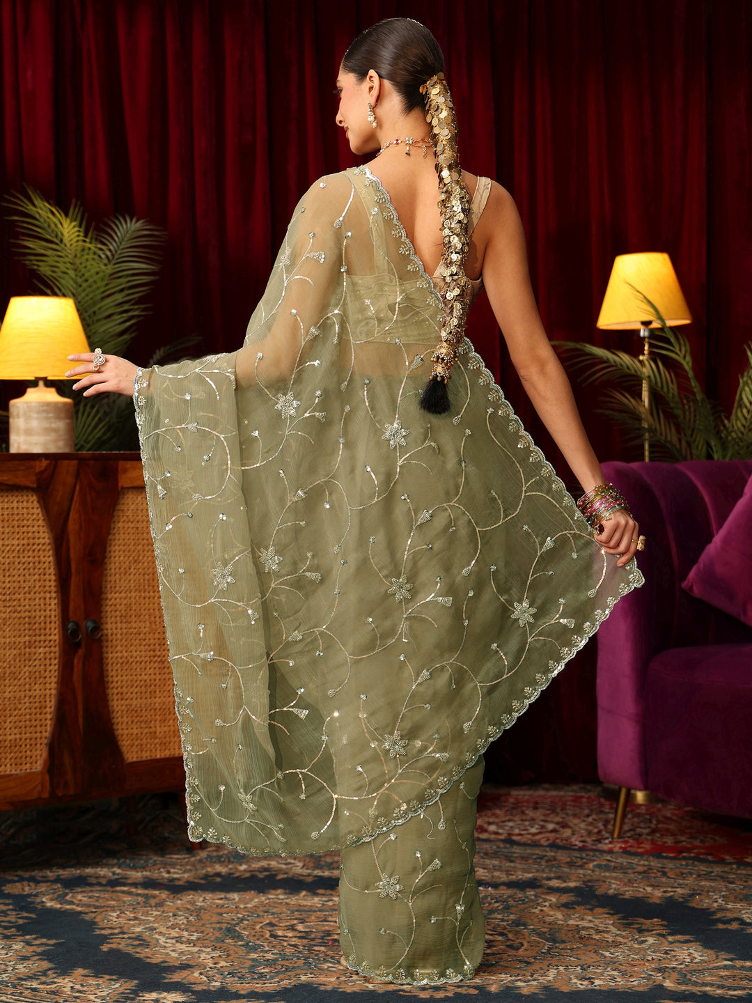  Libas Pista Green Floral Sequin Embellished Chiffon Saree 