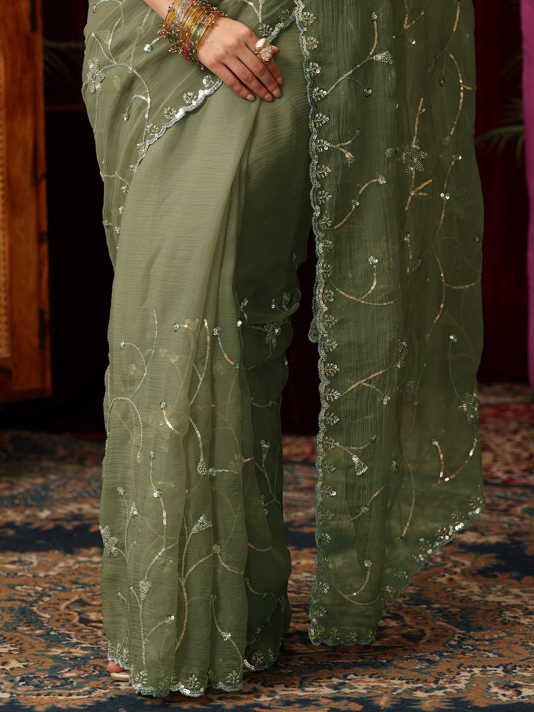  Libas Pista Green Floral Sequin Embellished Chiffon Saree 