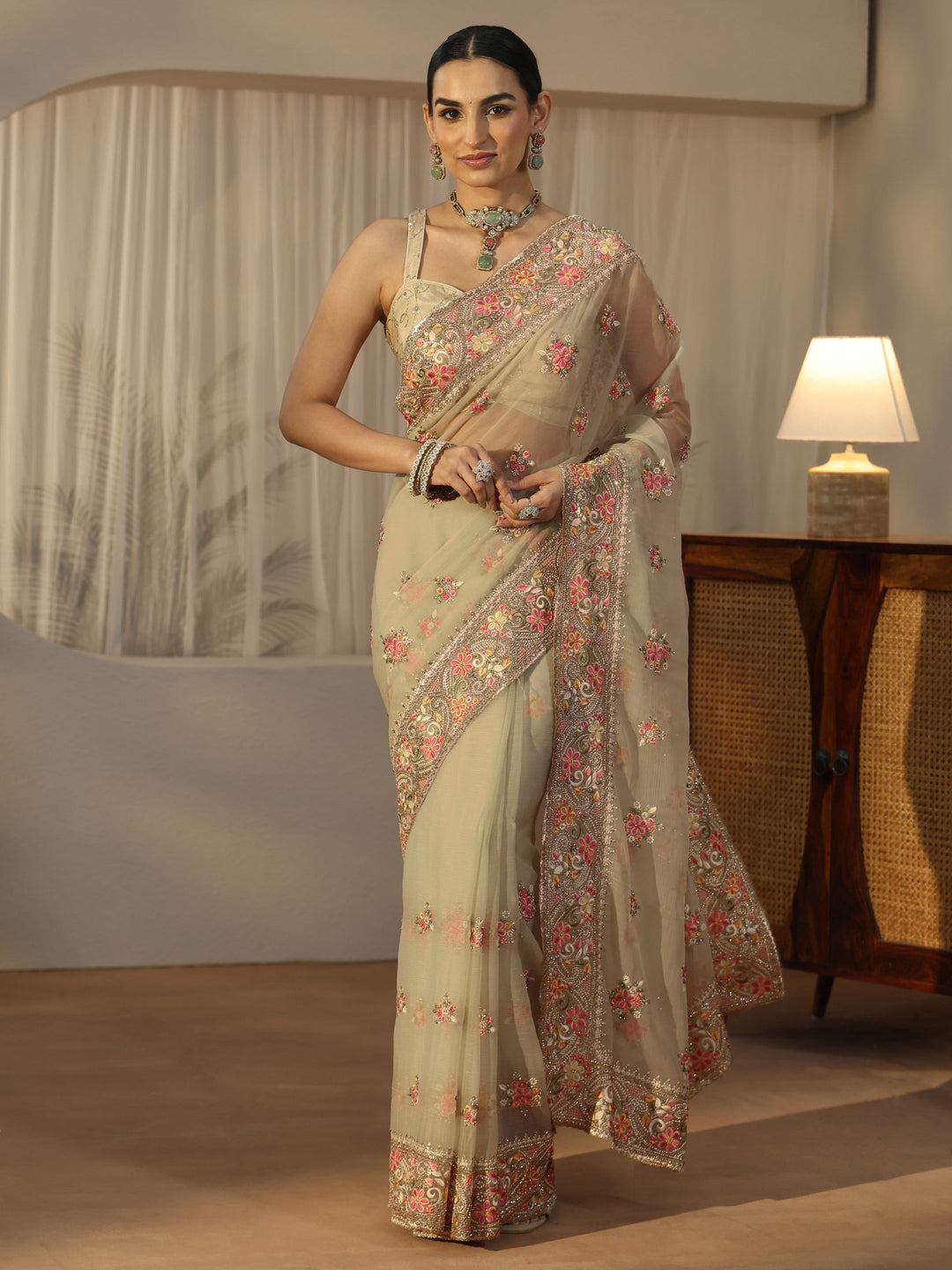  Libas Art Sage Green Embellished Tissue Saree 