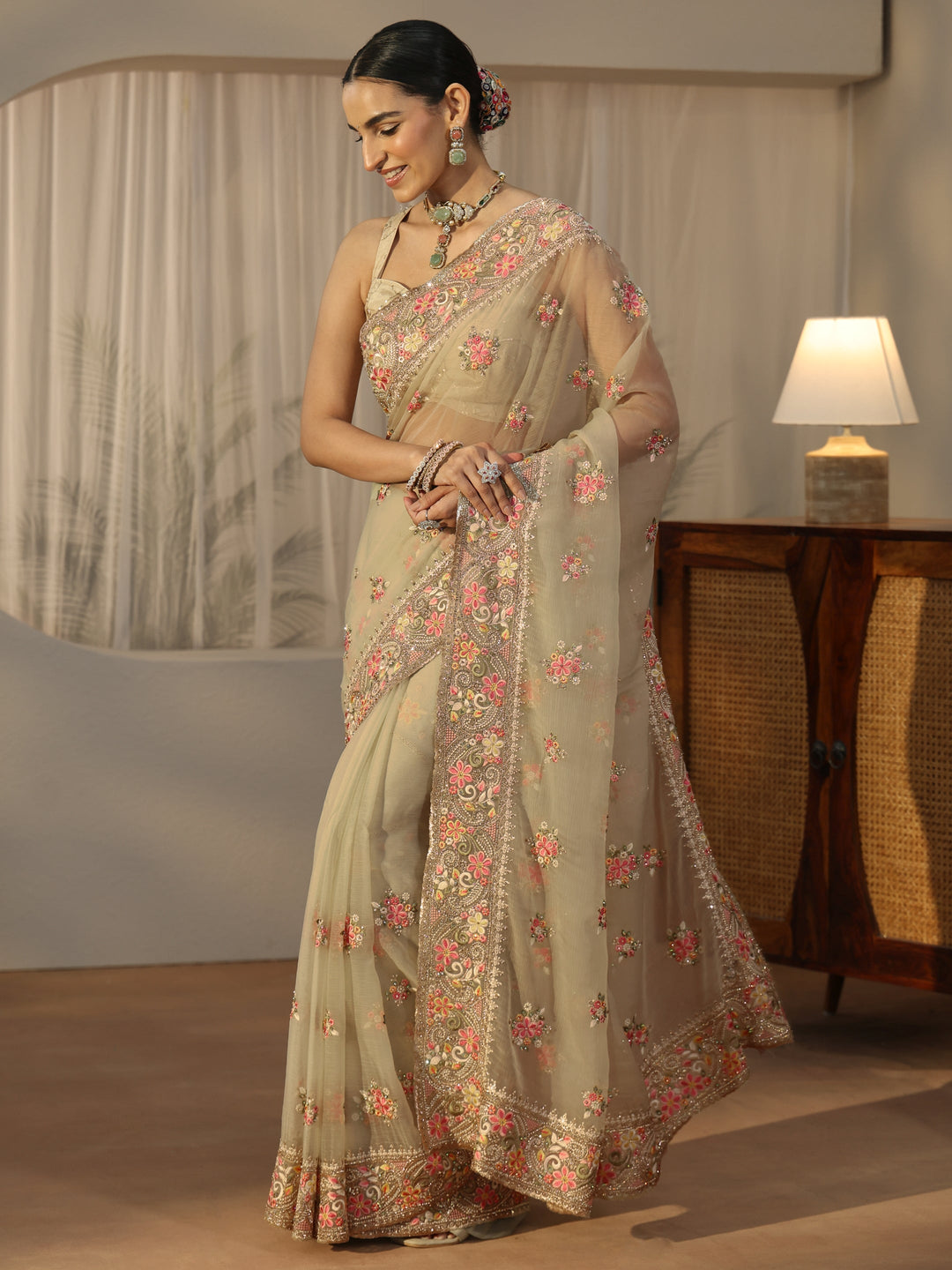  Libas Art Sage Green Embellished Tissue Saree 