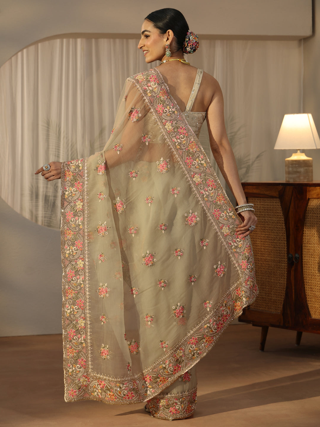 Libas Art Sage Green Embellished Tissue Saree 