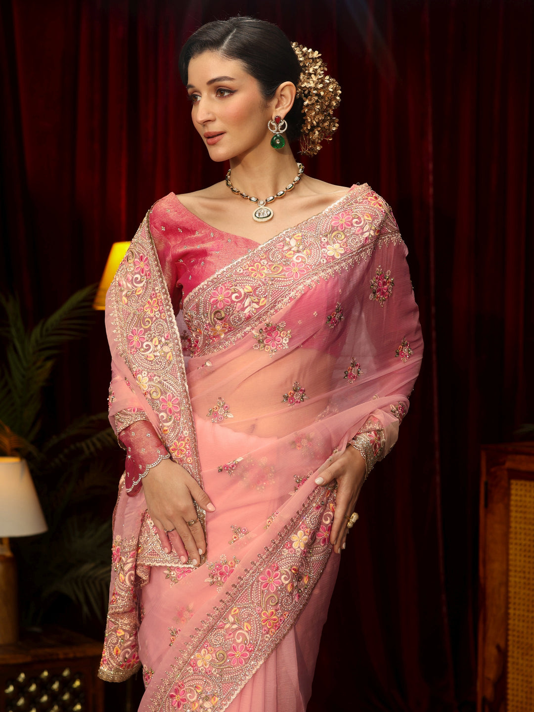  Libas Art Baby Pink Floral Embroidered Tissue Saree 