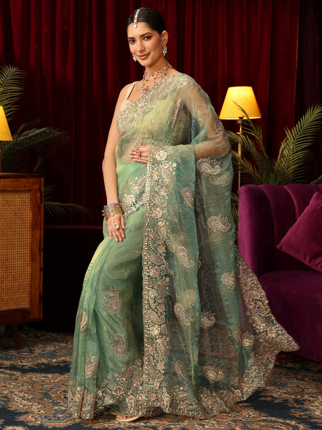  Libas Art Sage Green Paisley Embellished Tissue Saree 