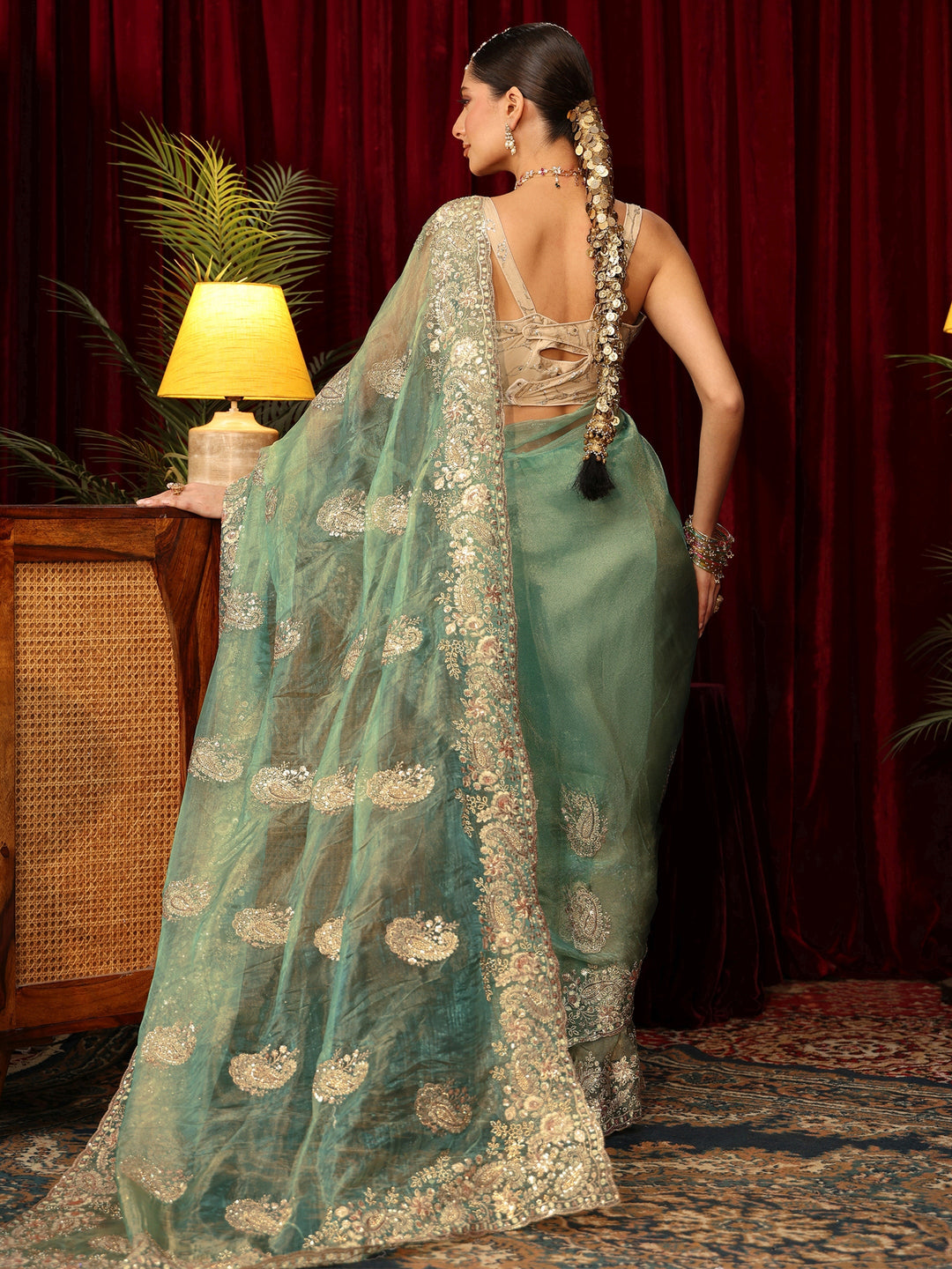  Libas Art Sage Green Paisley Embellished Tissue Saree 