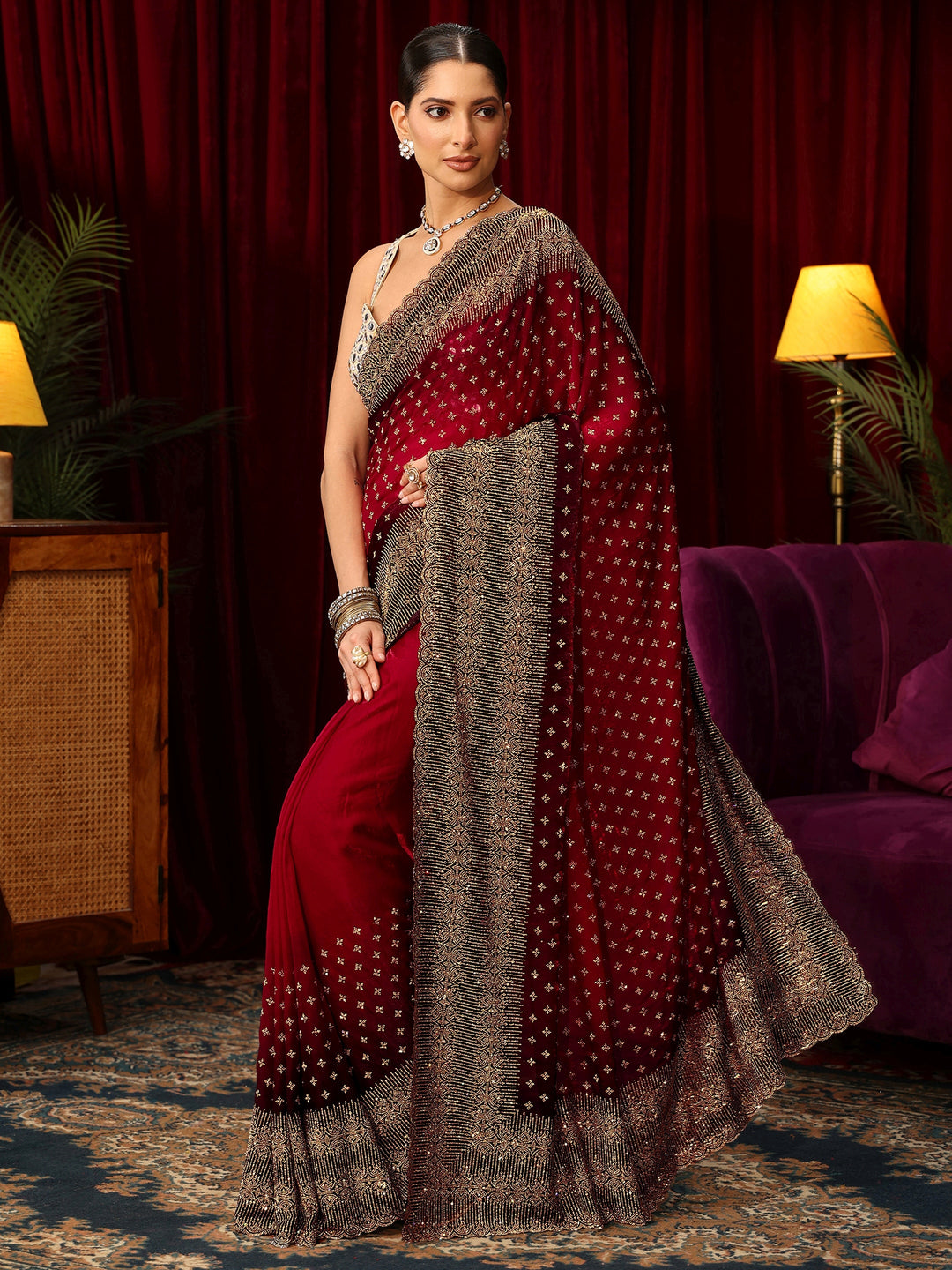  Libas Art Red Stone Work Embellished Tissue Saree 