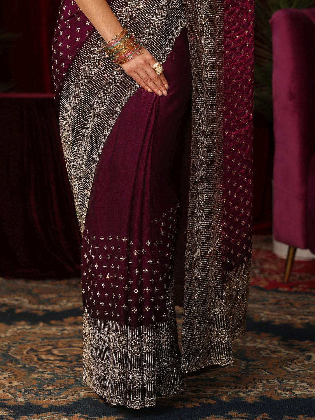  Libas Art Wine Stone Work Embellished Tissue Saree 