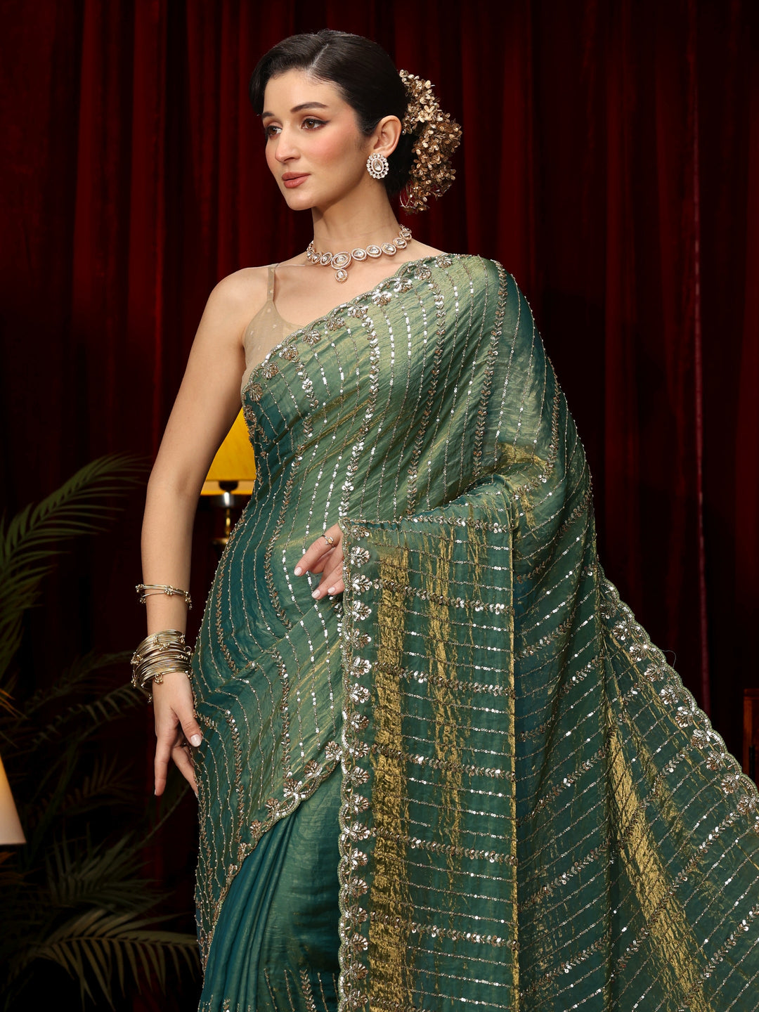  Libas Art Sea Green Sequin Embellished Tissue Saree 