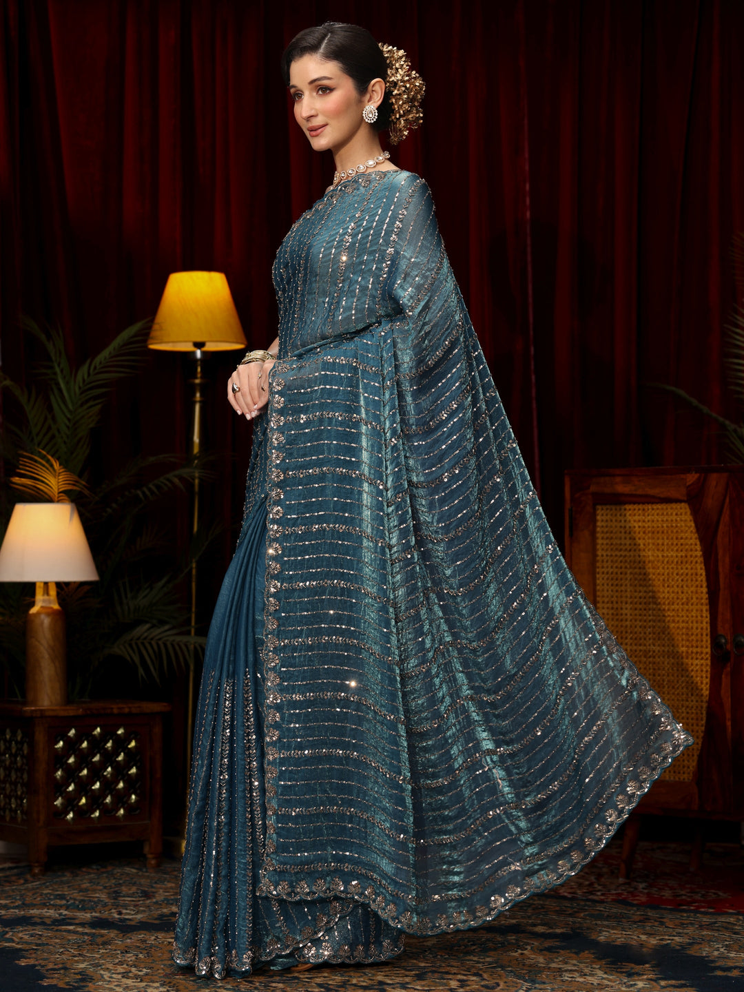  Libas Art Slate Blue Sequin Embellished Tissue Saree 