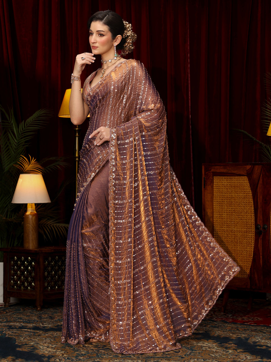  Libas Art Lavender Sequin Embellished Tissue Saree 