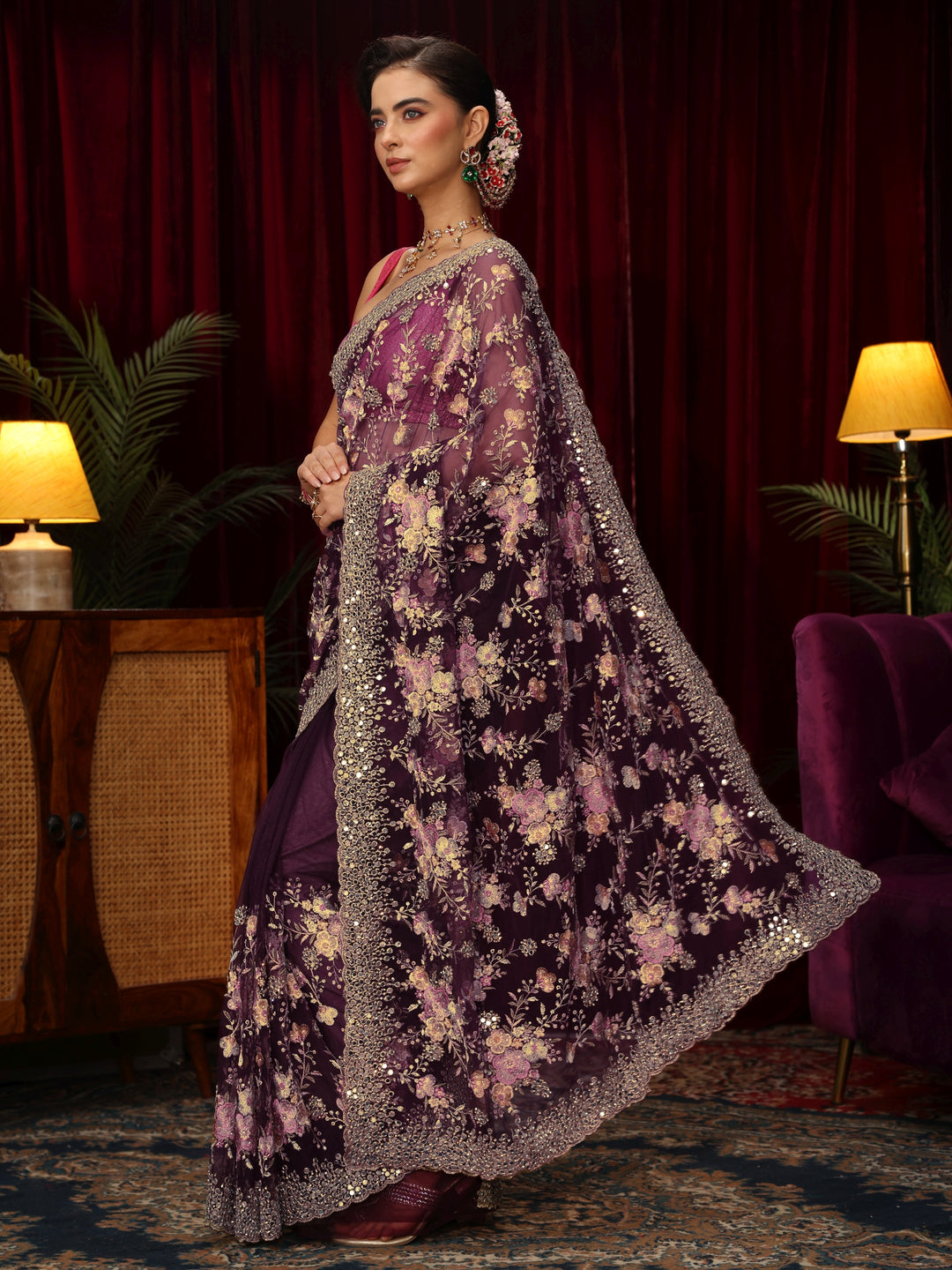  Libas Art Burgundy Floral Mirror Work Embroidered Net Saree 