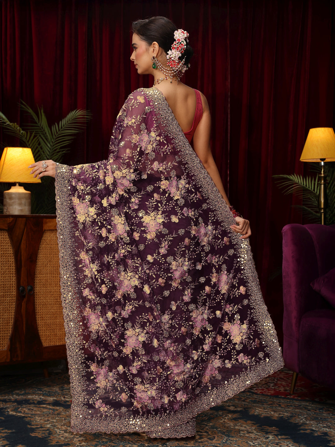  Libas Art Burgundy Floral Mirror Work Embroidered Net Saree 