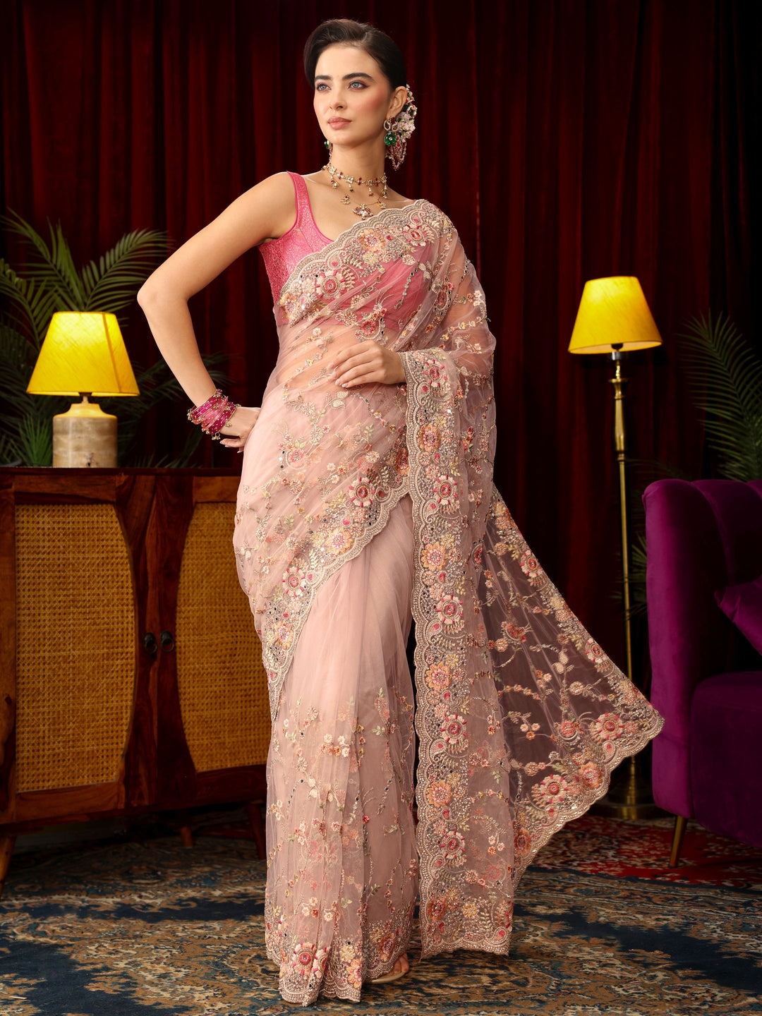  Libas Art Baby Pink Floral Embellished Net Saree 