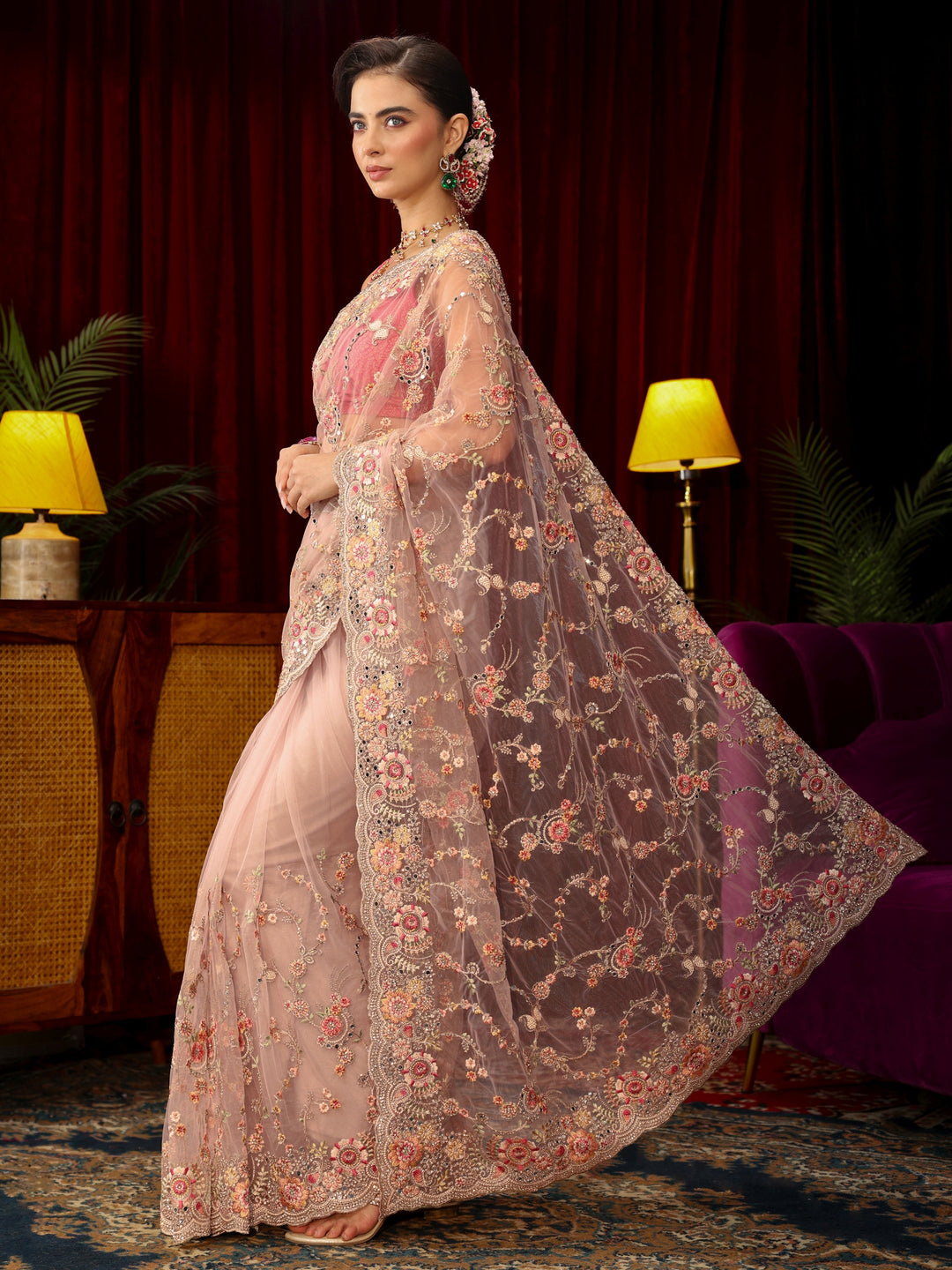  Libas Art Baby Pink Floral Embellished Net Saree 
