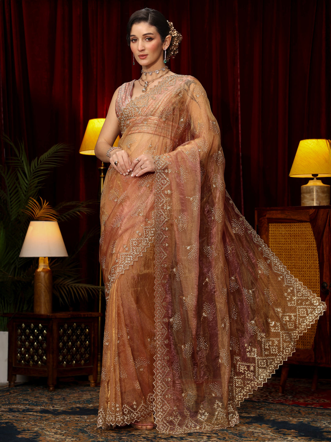  Libas Art Dusty Rose Pink Stone Work Embellished Tissue Saree 