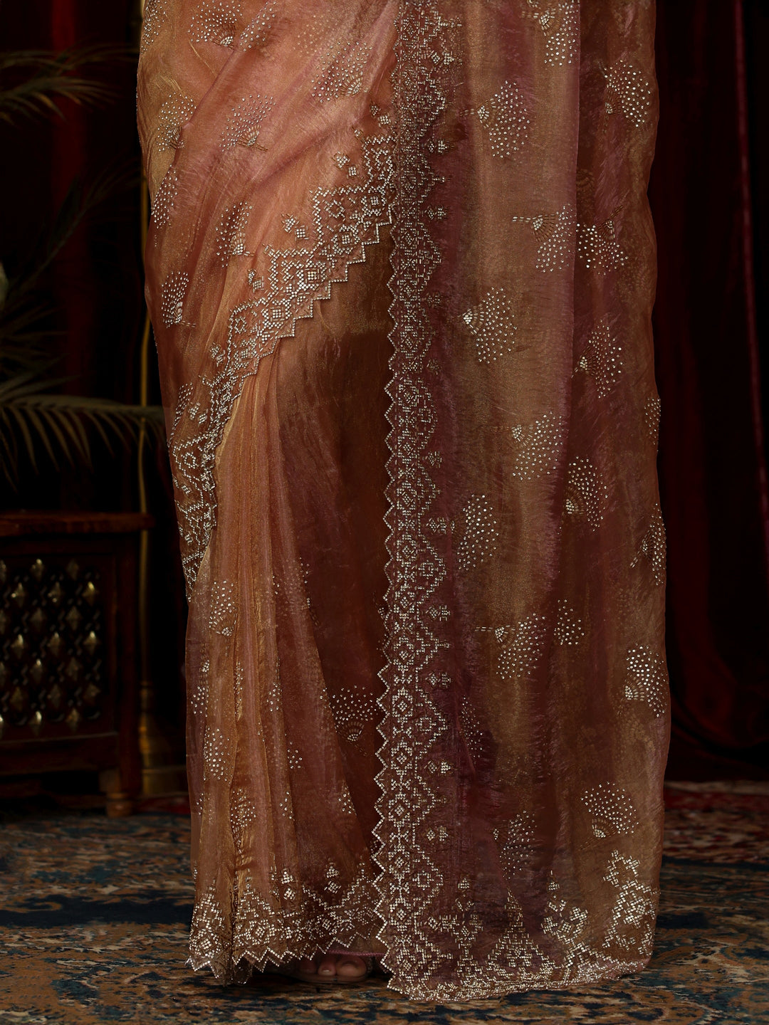  Libas Art Dusty Rose Pink Stone Work Embellished Tissue Saree 
