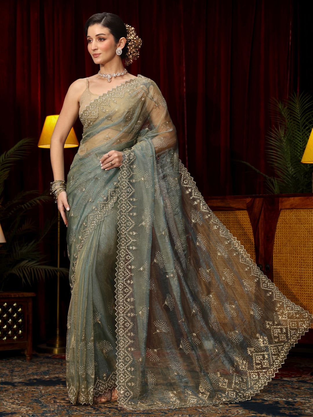  Libas Art Blue Stone Work Embellished Tissue Saree 