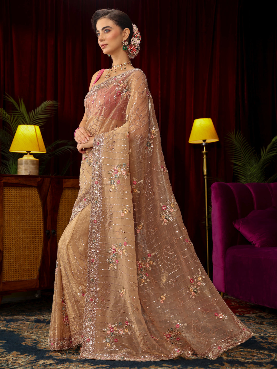  Libas Art Golden Floral Embellished Tissue Saree 