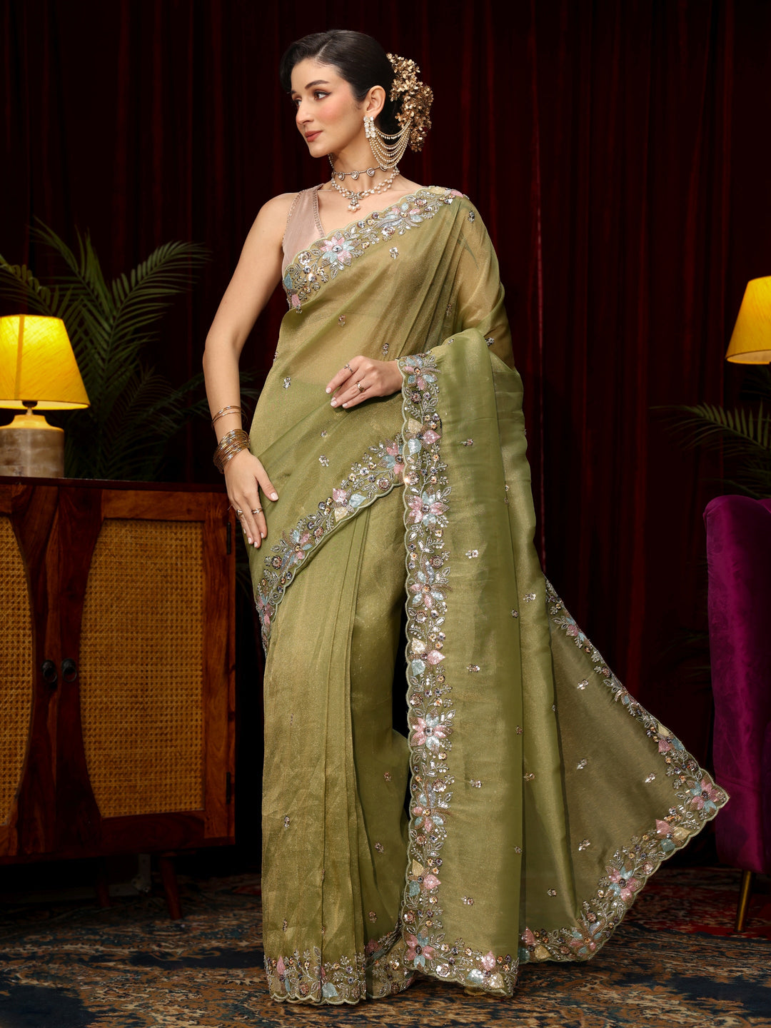  Libas Art Olive Green Sequin Embellished Tissue Saree 
