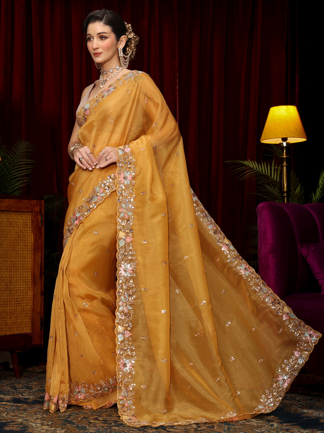 Libas Art Mustard Sequin Embellished Tissue Saree 