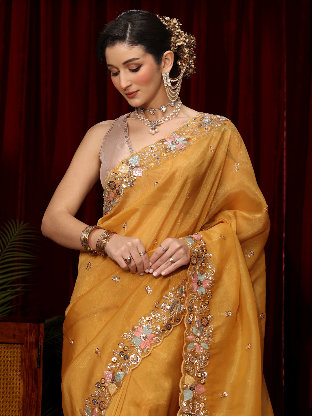  Libas Art Mustard Sequin Embellished Tissue Saree 
