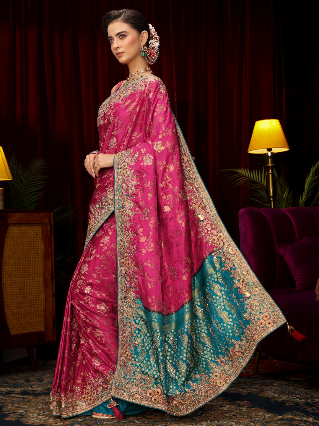  Libas Art Rani Pink Floral Woven Silk Blend Saree with Embellished Border 